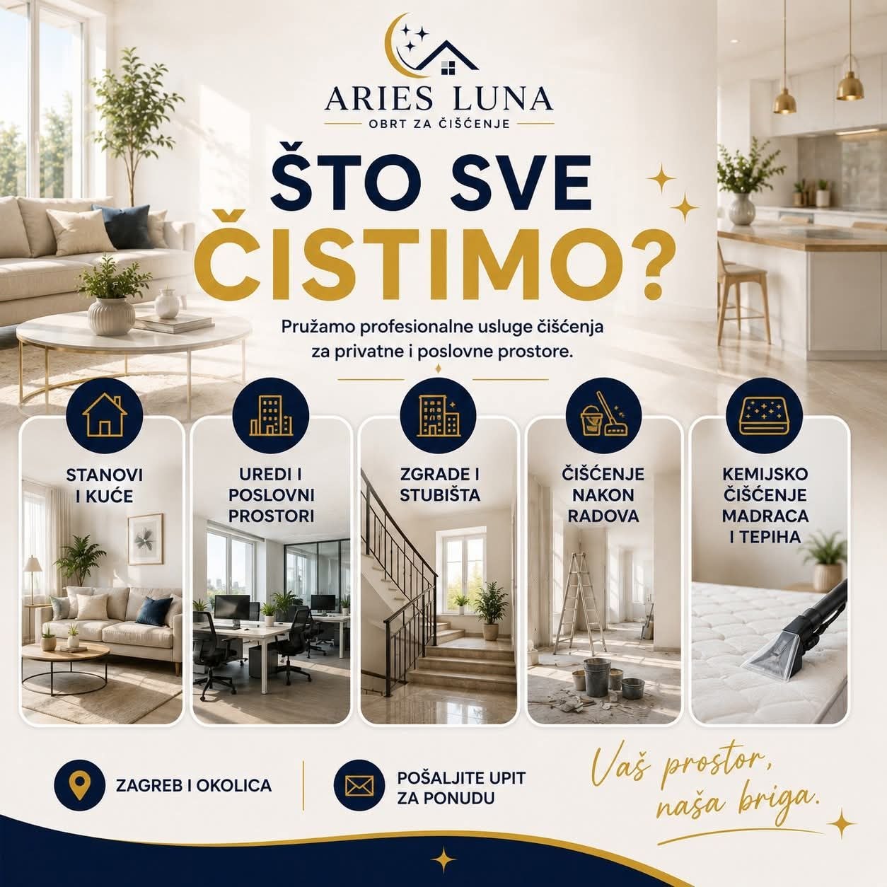 Generalno čišćenje stana Zagreb — profesionalni servis Aries Luna